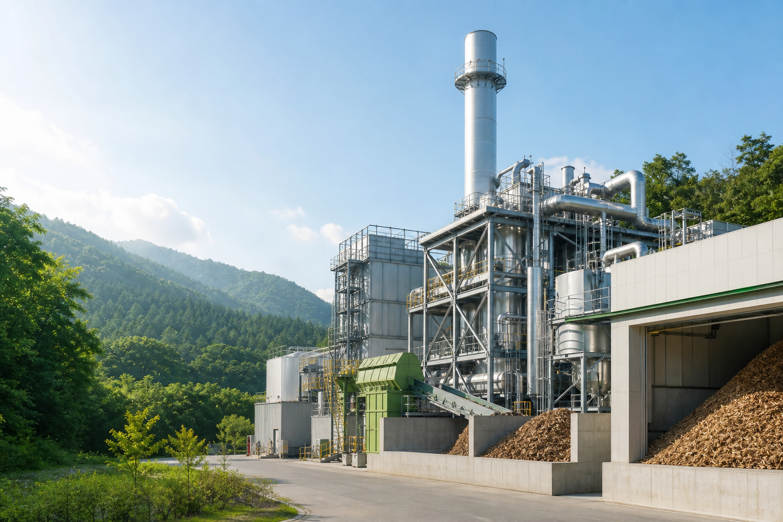 森林に囲まれたバイオマス発電施設