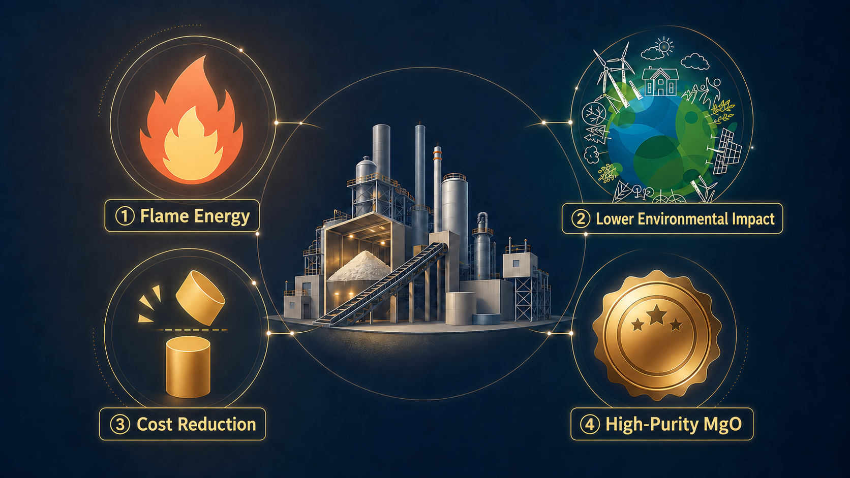 Image summarizing the four values centered on the magnesium oxide plant: (1) flame energy, (2) lower environmental impact, (3) cost reduction and (4) high-purity MgO
