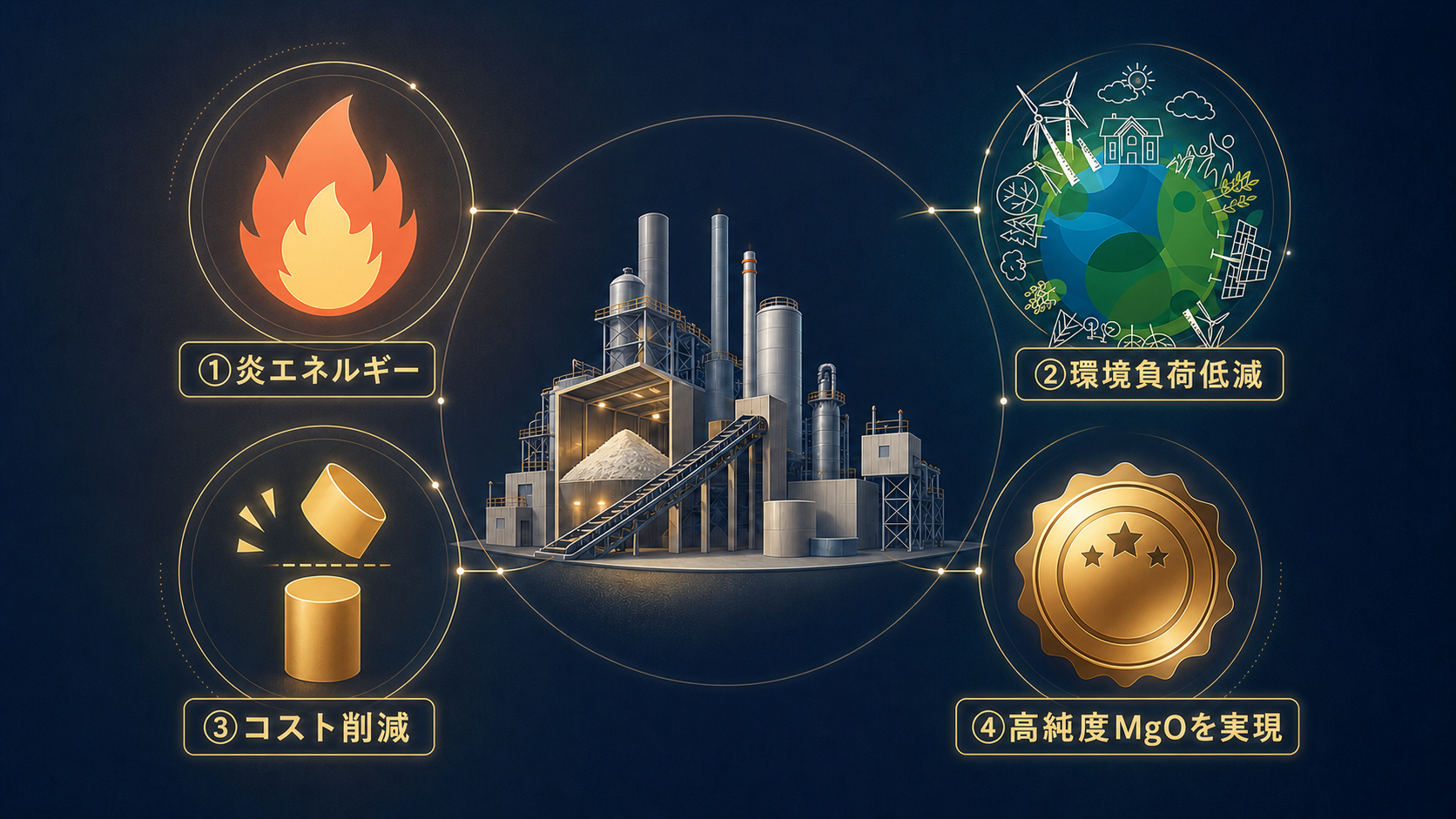 酸化マグネシウムプラントを中心に、①炎エネルギー、②環境負荷低減、③コスト削減、④高純度MgOを実現の4つの価値をまとめたイメージ